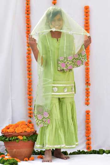 Kalp Green Cotton Embroidery, Gota Patti Kurta Sharara Set Online at Aza Fashions Kalp_Green Cotton Embroidery, Gota Patti Kurta Sharara Set _Online_at_Aza_Fashions