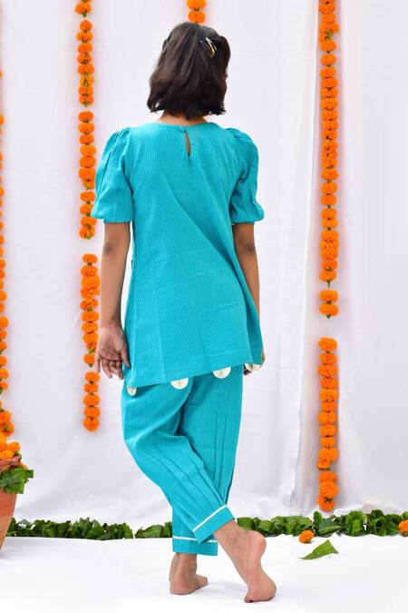 Shop_Kalp_Blue Cotton Gota Patti, Embroidery Puff Sleeve Kurta And Afghani Pant Set _at_Aza_Fashions