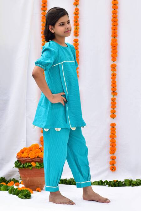 Kalp_Blue Cotton Gota Patti, Embroidery Puff Sleeve Kurta And Afghani Pant Set _Online_at_Aza_Fashions