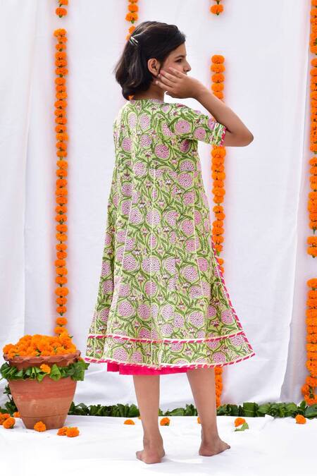 Shop Kalp Pink Cotton Embroidery, Gota Patti Floral Print Jacket And Dress Set at Aza Fashions Shop_Kalp_Pink Cotton Embroidery, Gota Patti Floral Print Jacket And Dress Set_at_Aza_Fashions