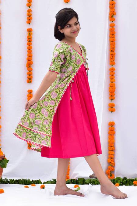Kalp Pink Cotton Embroidery, Gota Patti Floral Print Jacket And Dress Set Online at Aza Fashions Kalp_Pink Cotton Embroidery, Gota Patti Floral Print Jacket And Dress Set_Online_at_Aza_Fashions