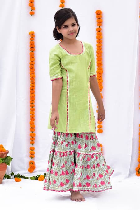 Kalp Green Cotton Embroidery, Gota Patti, Tassels Floral Print Sharara Set