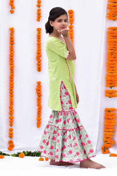 Kalp_Green Cotton Embroidery, Gota Patti, Tassels Floral Print Sharara Set _Online_at_Aza_Fashions