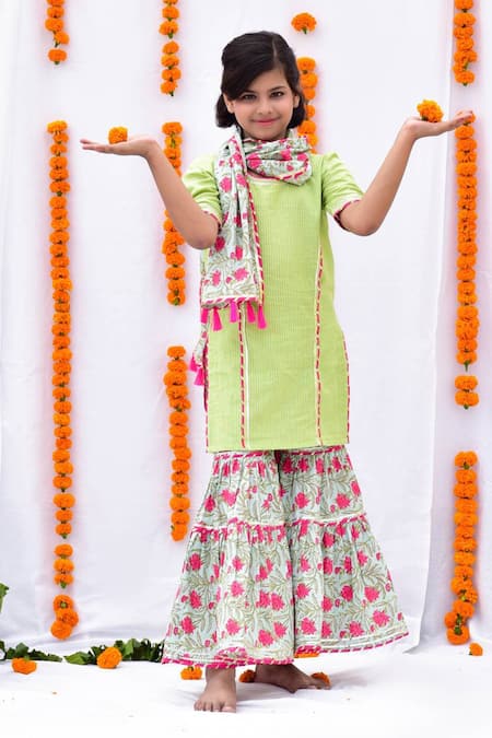 Buy_Kalp_Green Cotton Embroidery, Gota Patti, Tassels Floral Print Sharara Set _Online_at_Aza_Fashions