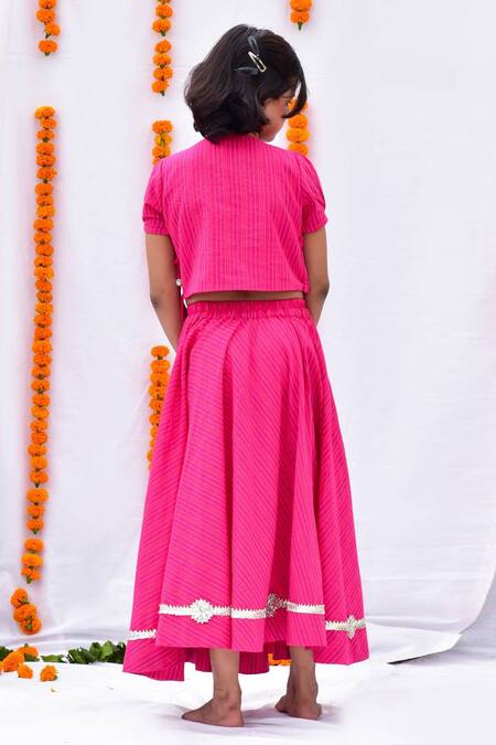 Shop_Kalp_Pink Cotton Printed Floral Kantha Woven Lehenga Set _at_Aza_Fashions