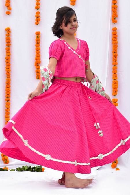 Kalp_Pink Cotton Printed Floral Kantha Woven Lehenga Set _Online_at_Aza_Fashions