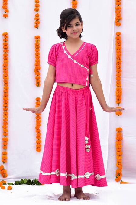 Buy_Kalp_Pink Cotton Printed Floral Kantha Woven Lehenga Set _Online_at_Aza_Fashions