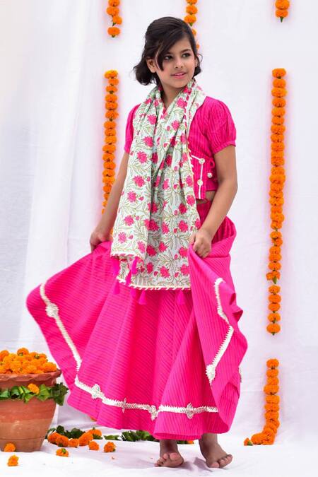 Shop_Kalp_Pink Cotton Printed Floral Kantha Woven Lehenga Set _Online_at_Aza_Fashions