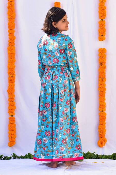 Shop Kalp Blue Cotton Embroidery, Gota Patti Shirt Style Choli And Lehenga Set at Aza Fashions Shop_Kalp_Blue Cotton Embroidery, Gota Patti Shirt Style Choli And Lehenga Set_at_Aza_Fashions