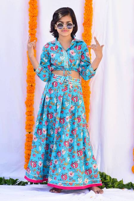 Kalp Blue Cotton Embroidery, Gota Patti Shirt Style Choli And Lehenga Set Online at Aza Fashions Kalp_Blue Cotton Embroidery, Gota Patti Shirt Style Choli And Lehenga Set_Online_at_Aza_Fashions