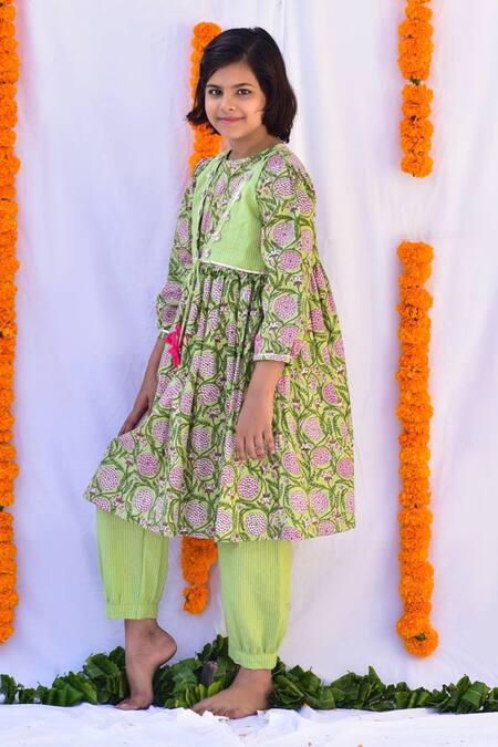 Kalp Green Cotton Gota Patti, Embroidery Jacket Anarkali And Pant Set Online at Aza Fashions Kalp_Green Cotton Gota Patti, Embroidery Jacket Anarkali And Pant Set_Online_at_Aza_Fashions