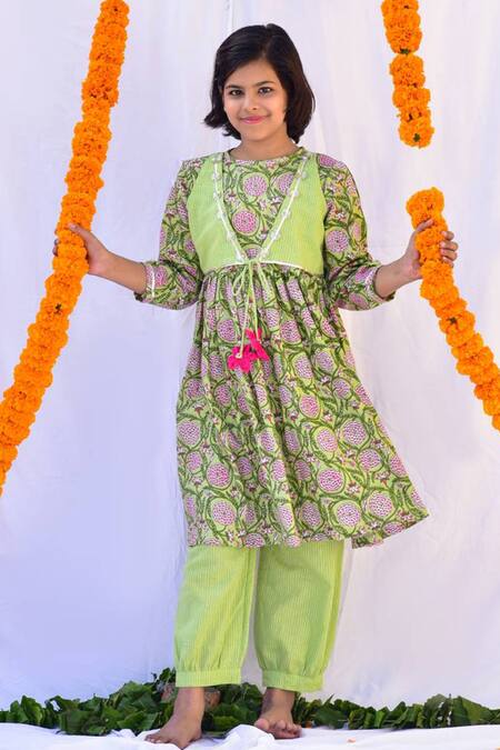 Buy Kalp Green Cotton Gota Patti, Embroidery Jacket Anarkali And Pant Set Online at Aza Fashions Buy_Kalp_Green Cotton Gota Patti, Embroidery Jacket Anarkali And Pant Set_Online_at_Aza_Fashions