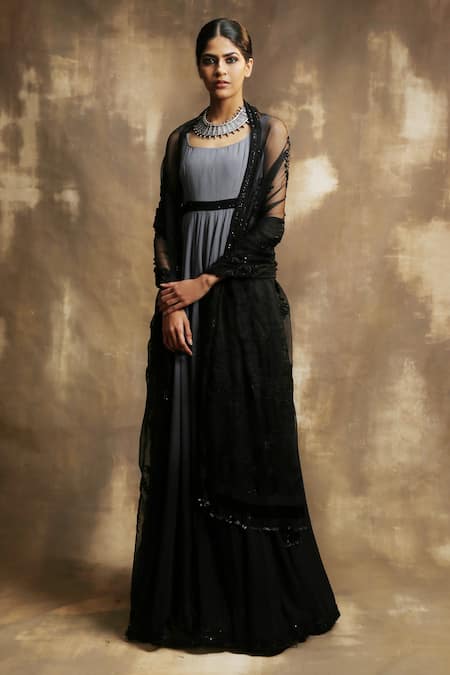 Karishma Khanduja Bareilly Black Georgette Scoop Neck Ombre Anarkali With Organza Dupatta Online at Aza Fashions Karishma Khanduja Bareilly_Black Georgette Scoop Neck Ombre Anarkali With Organza Dupatta _Online_at_Aza_Fashions