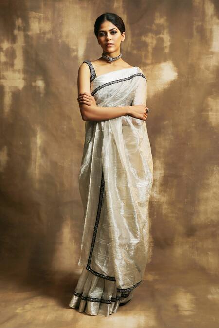 Karishma Khanduja Bareilly_Black Crepe, Handwoven Tissue Banarasi Scoop Neck Saree With Blouse_Online_at_Aza_Fashions