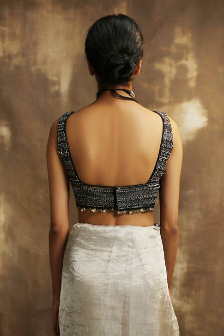 Shop_Karishma Khanduja Bareilly_Black Crepe, Handwoven Tissue Banarasi Scoop Neck Saree With Blouse_Online_at_Aza_Fashions