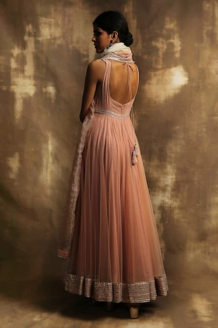 Shop Karishma Khanduja Bareilly Pink Net Scoop Neck Embroidered Anarkali Set at Aza Fashions Shop_Karishma Khanduja Bareilly_Pink Net Scoop Neck Embroidered Anarkali Set _at_Aza_Fashions