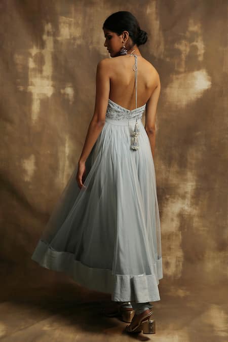 Shop Karishma Khanduja Bareilly Blue Net Halter Embroidered Anarkali Set at Aza Fashions Shop_Karishma Khanduja Bareilly_Blue Net Halter Embroidered Anarkali Set _at_Aza_Fashions