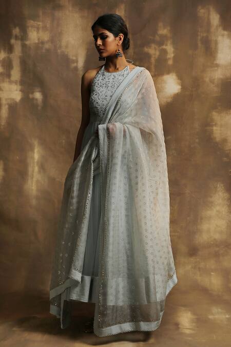 Buy Karishma Khanduja Bareilly Blue Net Halter Embroidered Anarkali Set Online at Aza Fashions Buy_Karishma Khanduja Bareilly_Blue Net Halter Embroidered Anarkali Set _Online_at_Aza_Fashions