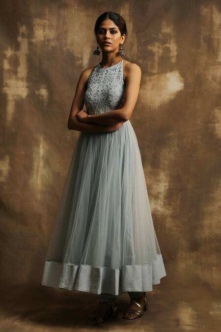 Shop Karishma Khanduja Bareilly Blue Net Halter Embroidered Anarkali Set Online at Aza Fashions Shop_Karishma Khanduja Bareilly_Blue Net Halter Embroidered Anarkali Set _Online_at_Aza_Fashions