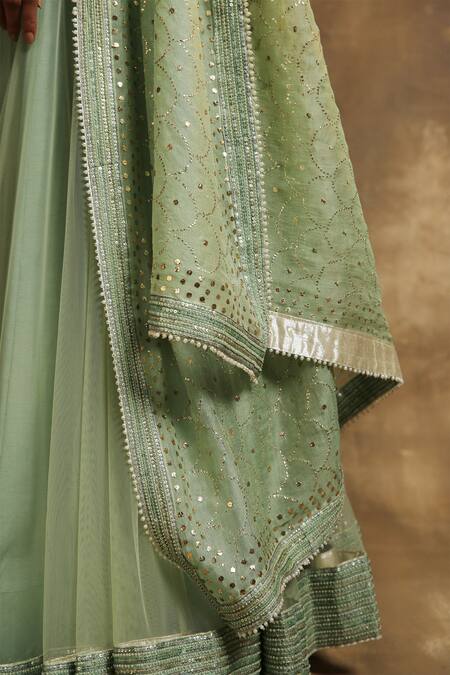 Buy Karishma Khanduja Bareilly Green Organza, Net, Crepe V Neck Embroidered Lehenga Set Buy_Karishma Khanduja Bareilly_Green Organza, Net, Crepe V Neck Embroidered Lehenga Set