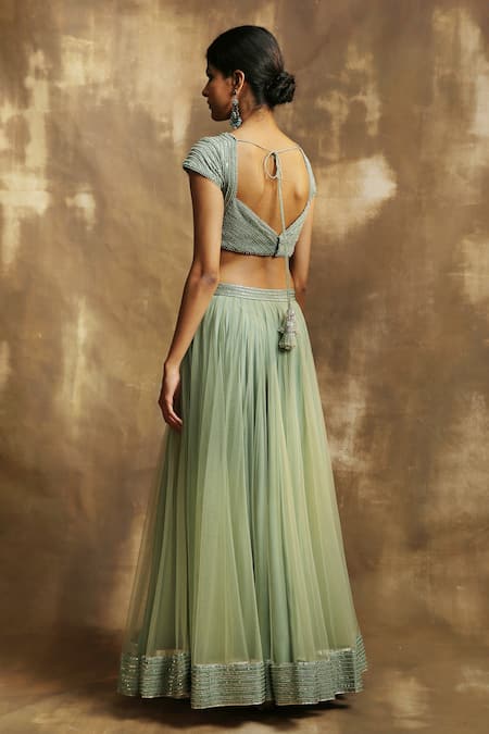 Shop Karishma Khanduja Bareilly Green Organza, Net, Crepe V Neck Embroidered Lehenga Set at Aza Fashions Shop_Karishma Khanduja Bareilly_Green Organza, Net, Crepe V Neck Embroidered Lehenga Set _at_Aza_Fashions