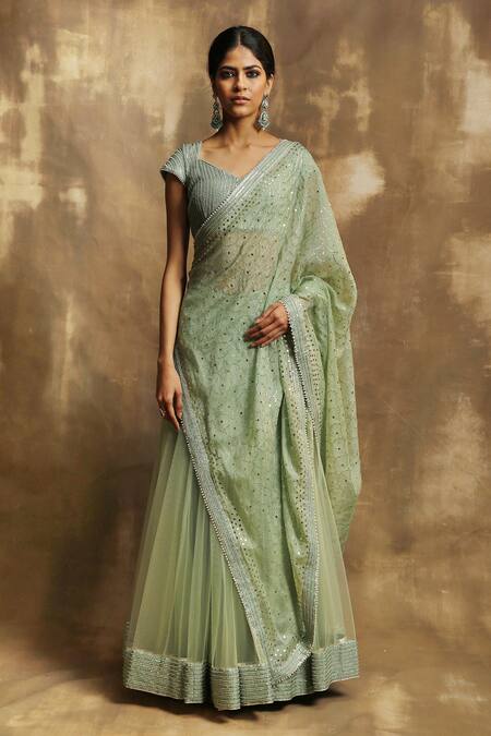 Karishma Khanduja Bareilly Green Organza, Net, Crepe V Neck Embroidered Lehenga Set Online at Aza Fashions Karishma Khanduja Bareilly_Green Organza, Net, Crepe V Neck Embroidered Lehenga Set _Online_at_Aza_Fashions
