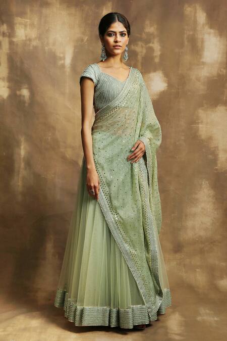 Buy Karishma Khanduja Bareilly Green Organza, Net, Crepe V Neck Embroidered Lehenga Set Online at Aza Fashions Buy_Karishma Khanduja Bareilly_Green Organza, Net, Crepe V Neck Embroidered Lehenga Set _Online_at_Aza_Fashions