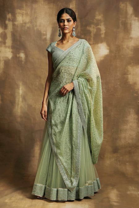 Karishma Khanduja Bareilly Green Organza, Net, Crepe V Neck Embroidered Lehenga Set