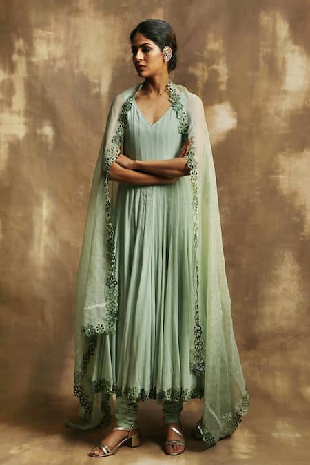 Karishma Khanduja Bareilly Green Cotton V Neck Anarkali Set