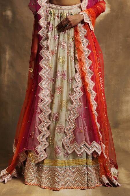 Buy Karishma Khanduja Bareilly Beige Net, Chanderi Square Neck Embroidered Bridal Lehenga Set Online at Aza Fashions Buy_Karishma Khanduja Bareilly_Beige Net, Chanderi Square Neck Embroidered Bridal Lehenga Set _Online_at_Aza_Fashions