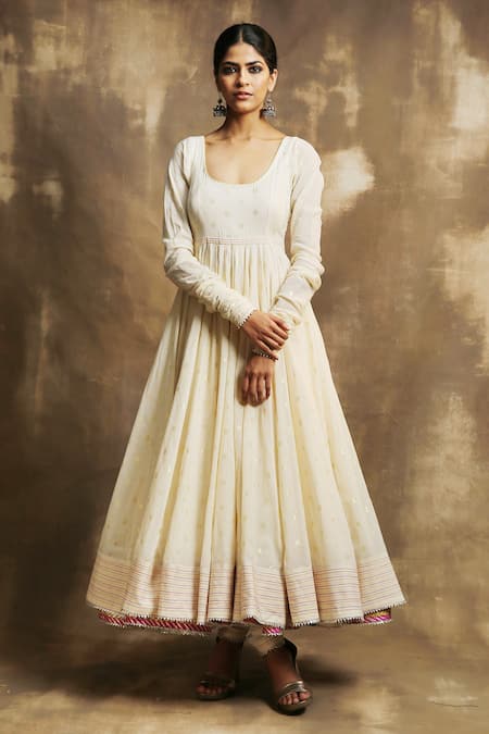 Karishma Khanduja Bareilly Beige Cotton With Foil Weave Scoop Neck Woven Motif Anarkali Set Online at Aza Fashions Karishma Khanduja Bareilly_Beige Cotton With Foil Weave Scoop Neck Woven Motif Anarkali Set _Online_at_Aza_Fashions