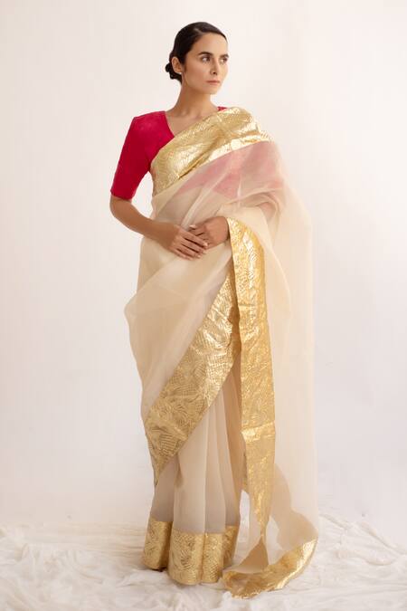 Kapardara Beige Silk Organza Saree   4