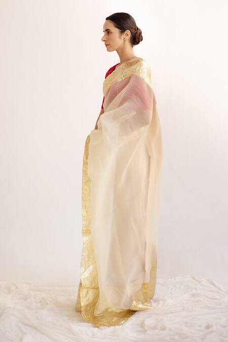 Kapardara Beige Silk Organza Saree   5