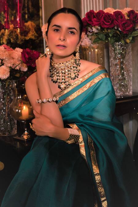 Kapardara_Green Pure Silk Organza Saree  _Online_at_Aza_Fashions