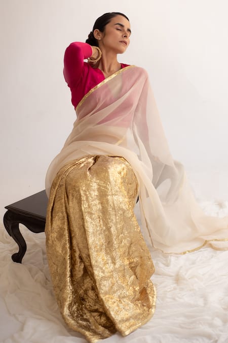 Kapardara_Beige Silk Organza Embroidered Saree _Online_at_Aza_Fashions