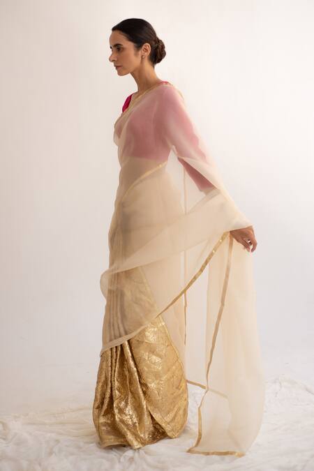 Buy_Kapardara_Beige Silk Organza Embroidered Saree _Online_at_Aza_Fashions