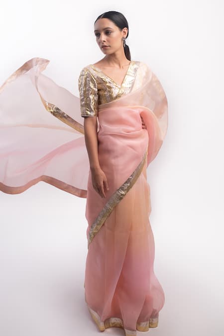 Kapardara Pink Pure Silk Organza Embroidery Lampi Border Saree 