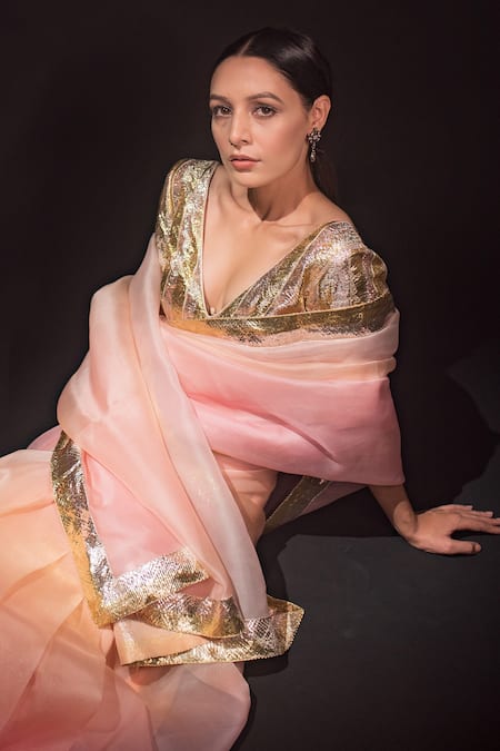 Kapardara_Pink Pure Silk Organza Lampi Border Saree _Online_at_Aza_Fashions