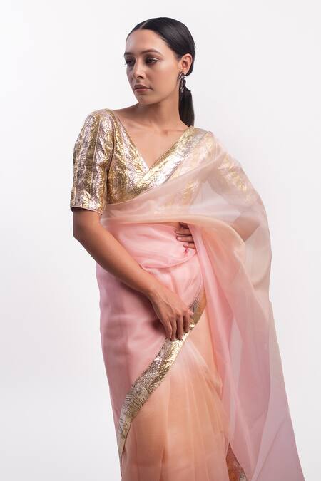 Buy_Kapardara_Pink Pure Silk Organza Lampi Border Saree _Online_at_Aza_Fashions