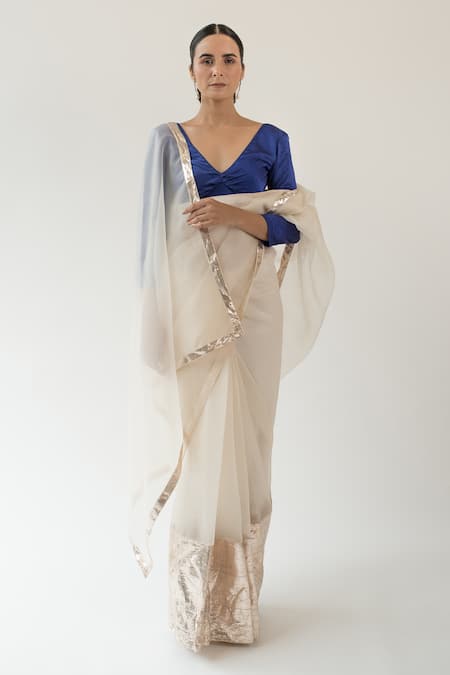 Kapardara_Ivory Silk Organza Lampi Border Saree _Online_at_Aza_Fashions