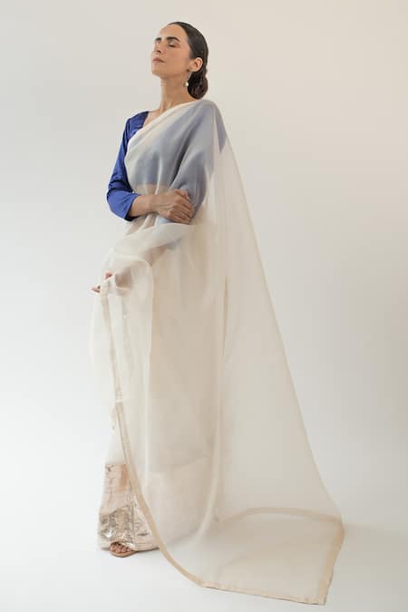 Buy_Kapardara_Ivory Silk Organza Lampi Border Saree _Online_at_Aza_Fashions