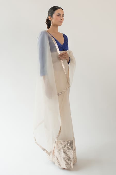 Shop_Kapardara_Ivory Silk Organza Lampi Border Saree _Online_at_Aza_Fashions