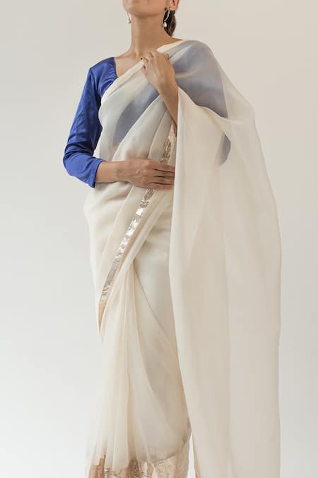 Kapardara_Ivory Silk Organza Lampi Border Saree _at_Aza_Fashions