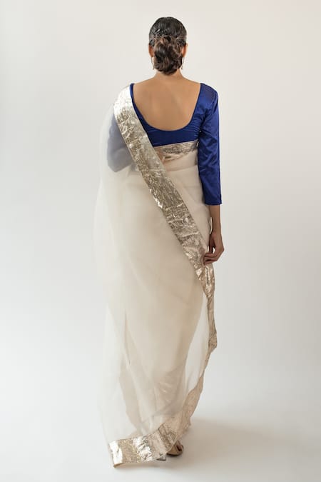Shop_Kapardara_Ivory Silk Organza Embroidery Lampi Border Saree  _at_Aza_Fashions