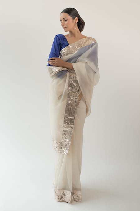 Kapardara_Ivory Silk Organza Embroidery Lampi Border Saree  _Online_at_Aza_Fashions