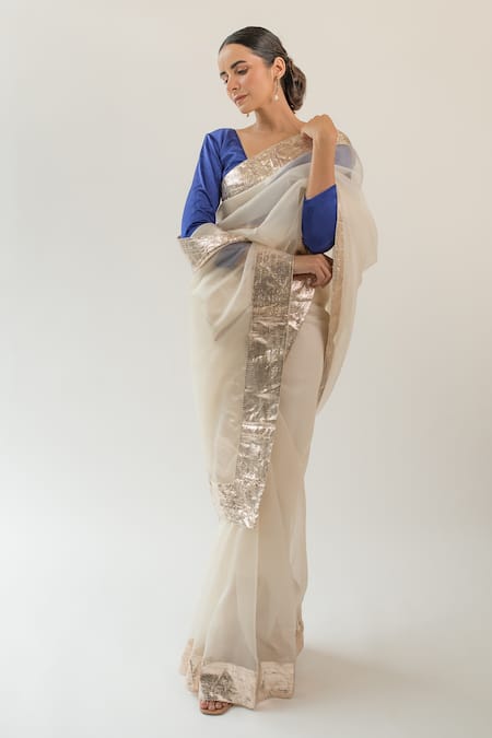 Buy_Kapardara_Ivory Silk Organza Embroidery Lampi Border Saree  _Online_at_Aza_Fashions