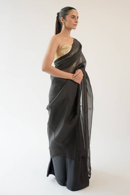 Kapardara_Black Silk Organza Saree _Online_at_Aza_Fashions
