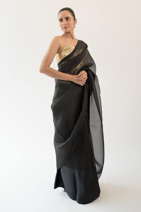 Buy_Kapardara_Black Silk Organza Saree _Online_at_Aza_Fashions