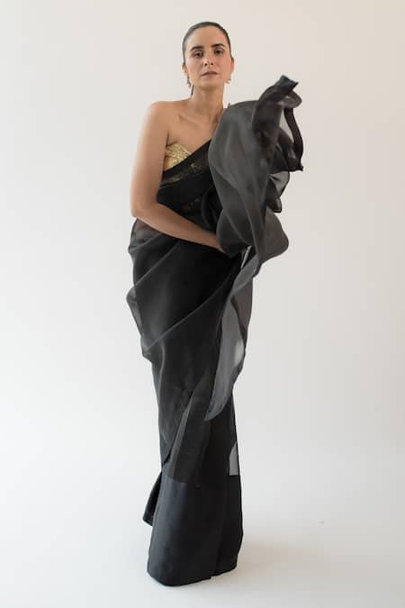 Shop_Kapardara_Black Silk Organza Saree _Online_at_Aza_Fashions