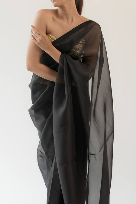 Kapardara_Black Silk Organza Saree _at_Aza_Fashions